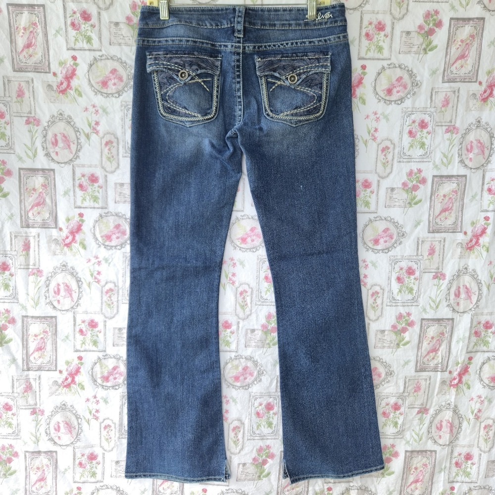 Silver Jeans Pioneer Women 29x33 Low Rise Flap Pocket Thick Stitch Bootcut Blue